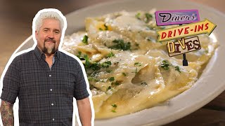 Guy Fieri Eats Ravioli with Garlic and Butter Sauce  Diners DriveIns and Dives  Food Network [upl. by Eedyah]