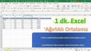 Excel 1 Dakika  Ağırlıklı Ortalama [upl. by Goldie924]