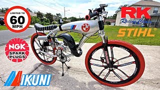 108CC Frankenstein Stihl Cylinder Motor for Motorized Bicycles  60MPH [upl. by Oniratac]