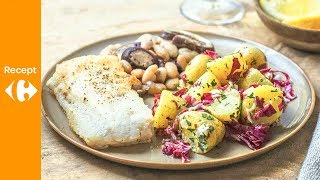 Zeewolf met witte boontjes en aardappelsalade met radicchio [upl. by Belayneh]