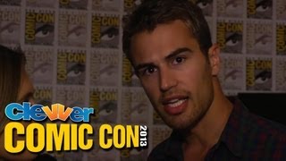 Theo James Teases Shirtless DIVERGENT Scenes amp Talks Tattoo Makeup 2013 ComicCon [upl. by Ayokahs922]