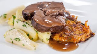 Geschmorte Rehkeule mit Wurzelgemüse und Süßkartoffelrösti  Live amp Lecker [upl. by Marsha]