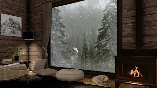 Cozy Cabin Ambience with Crackling Fireplace and Winter Blizzard Sounds for Sleep Study and Relax [upl. by Esiralc]