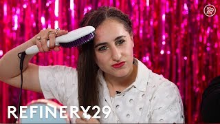 Straightening Brush Vs Flat Iron On Curls  Beauty In A Snap  Refinery29 [upl. by Ferri]