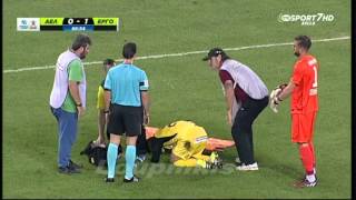 Greek stretcher bearers drop injured player while taking him off pitch [upl. by Anneehs]