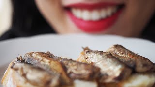 Girl eats Sprats tiny fishes with Bread Mouth close up Chewed food warning [upl. by Smitt]