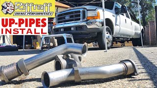 2001 F350 73  RiffRaff UpPipes Install  Stock up pipes leaking and falling apart JUNK SP [upl. by Buonomo]