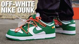 OFF WHITE Nike Dunk Low Pine Green REVIEW amp ON FEET [upl. by Annauqal]