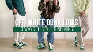 3 WAYS TO STYLE OFFWHITE x NIKE DUNK LOW PINE GREEN UNBOXING amp ONFEET  TIMOTHYKOH [upl. by Consuela80]