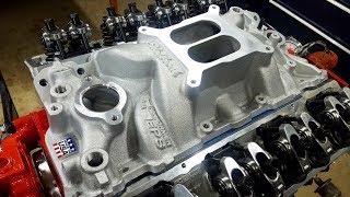 Engine Building Part 12  Installing an Edelbrock Performer Dual Plane Intake Manifold SBC 350 [upl. by Nyltiak]