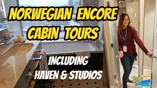 NORWEGIAN ENCORE CABIN TOUR  11 DIFFERENT CABINS INCLUDING HAVEN AND STUDIOS [upl. by Nhguavad189]