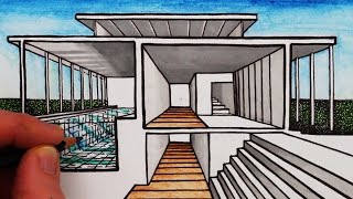 How to Draw a House in 1Point Perspective Sectional Perspective [upl. by Ahsikym]