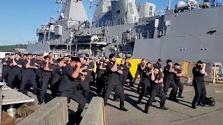 New Zealand navy personnel welcome colleagues aboard warship with powerful haka [upl. by Steinberg]