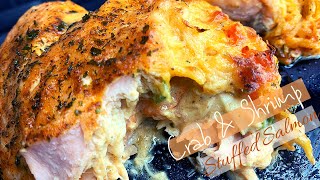 Lump Crab Meat amp Shrimp Stuffed Salmon  Easy Salmon Recipe  SweetHeatCooks [upl. by Fondea]